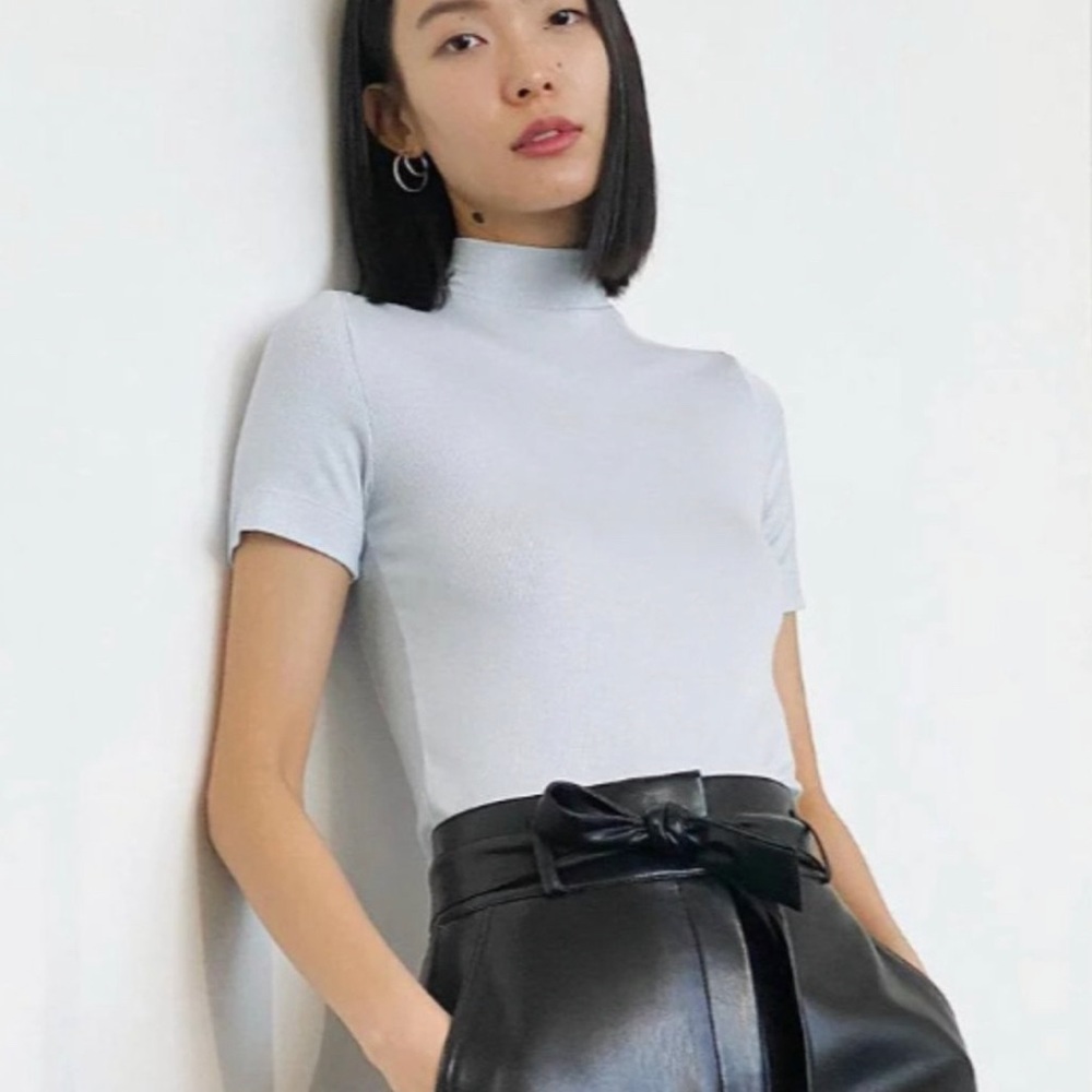 Aritzia Babaton Gonzalo White Ribbed Mock Neck Tee